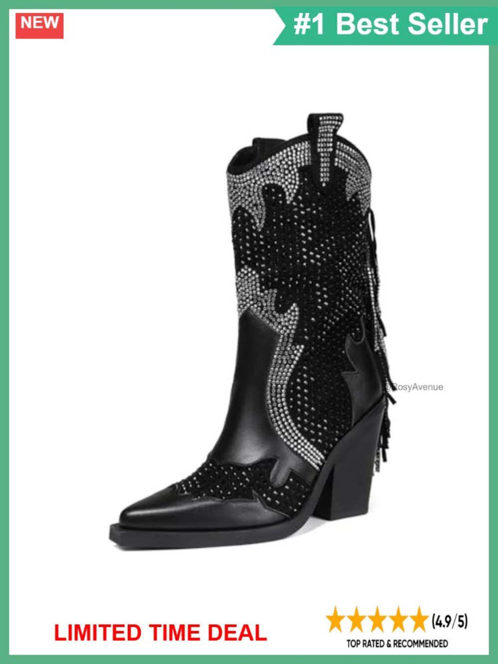 Women's Western Cowboy Boots Rhinestone Chunky Heel Mid Calf Wide Fit Pointed